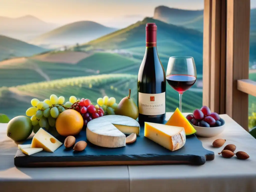 Una mesa rústica con vinos y quesos franceses premium en un entorno campestre, evocando la influencia cultural gastronomía francesa