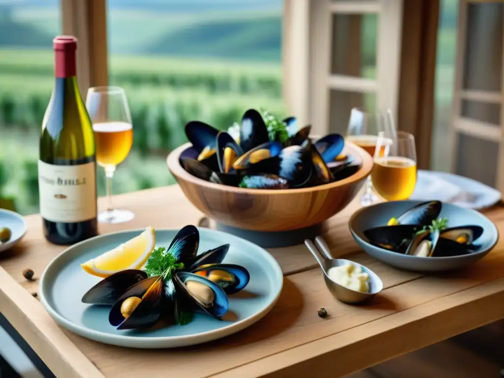 Una mesa rústica con vinos y sidras junto a un plato de Moules à la Crème Normande