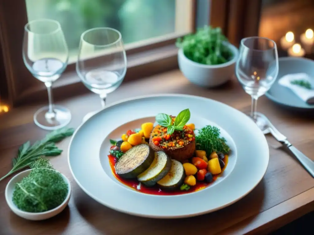 Una mesa rústica con vinos veganos y Ratatouille colorido