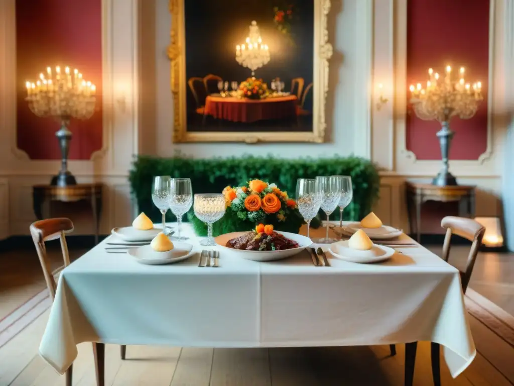 Una mesa exquisitamente servida en un Château francés, con platos tradicionales y una ambientación lujosa