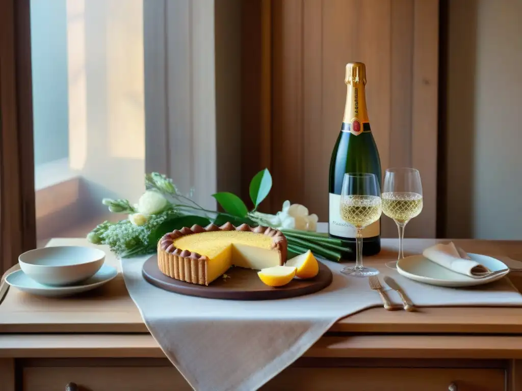 Una mesa tradicional alsaciana con Crémant d'Alsacia y delicias culinarias, bañada en luz natural, evocando elegancia y arte culinario en Alsacia