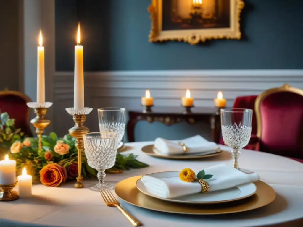 Una mesa tradicional francesa, con cubiertos de plata, vajilla fina, cristalería, servilletas de lino y un centro floral en un elegante jarrón