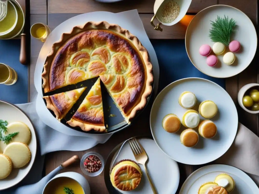 Una mesa tradicional de Alsacia Lorraine con quiche, tarte flambée, choucroute y macarons, rodeada de casas y calles empedradas