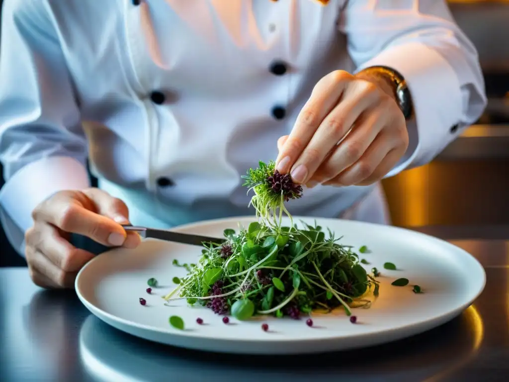 Presentación meticulosa de un chef francés, colocando microgreens con precisión en un plato exquisito