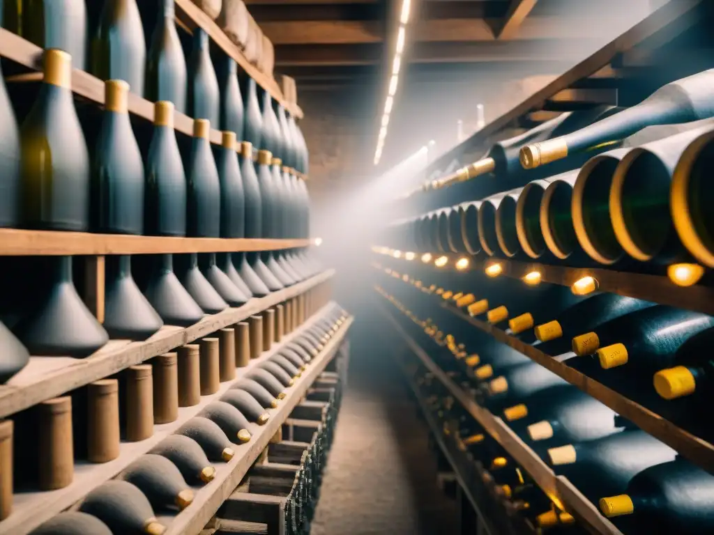 El meticuloso proceso de riddling en una bodega tradicional, mostrando la artesanía en la producción de champagne