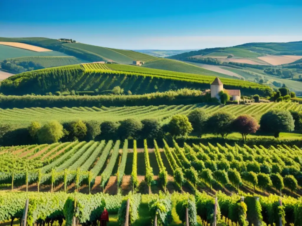 Viñedos sostenibles en la campiña francesa: tradición, innovación y belleza Métodos agrícolas sostenibles en Francia: Campesinos cuidan viñedos verdes bajo cielo azul en campo francés
