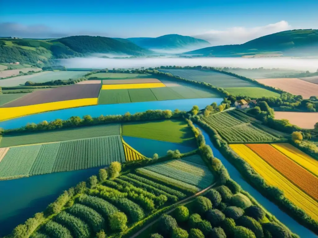Maravilloso paisaje agrícola sostenible en Francia Métodos agrícolas sostenibles en Francia: Vista aérea de campos coloridos y técnicas agrícolas ecológicas