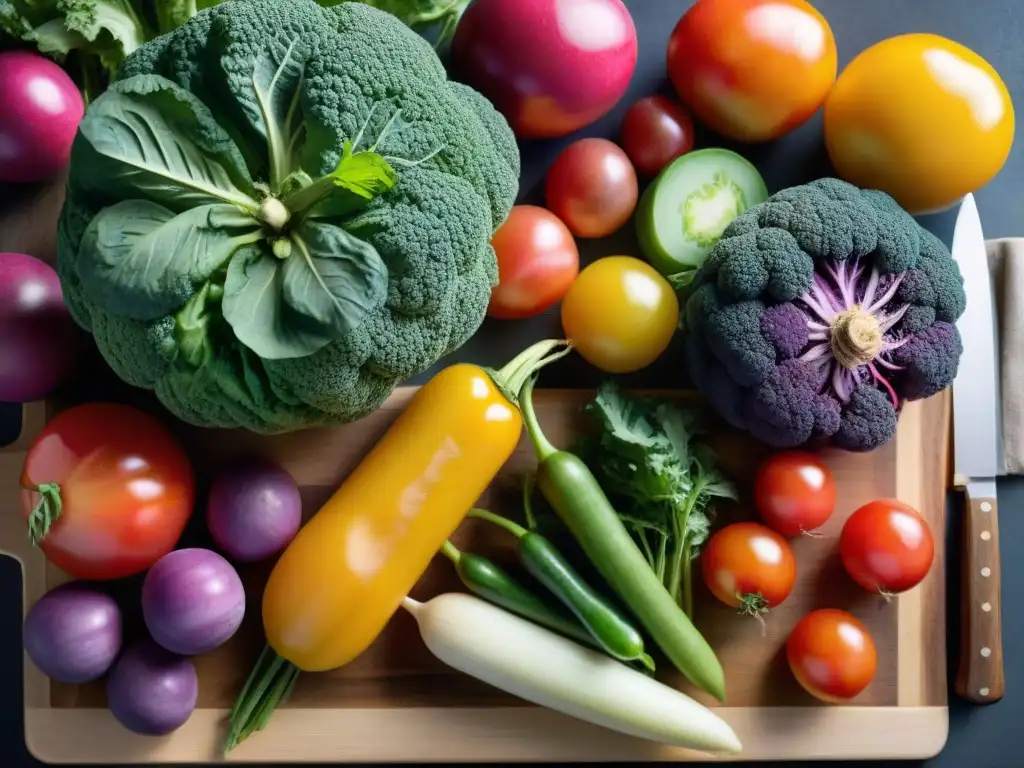 Una mezcla vibrante de vegetales frescos en tabla de madera rústica, iluminados por luz solar