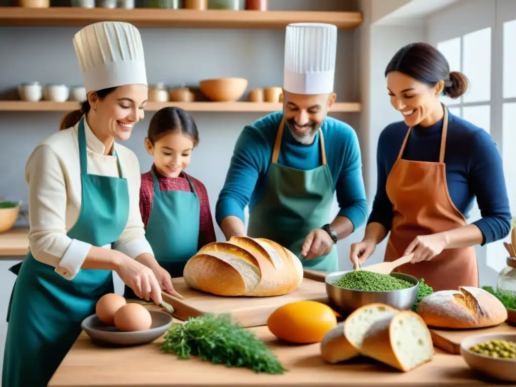 Varios miembros de una familia cocinando juntos en un taller de cocina francesa