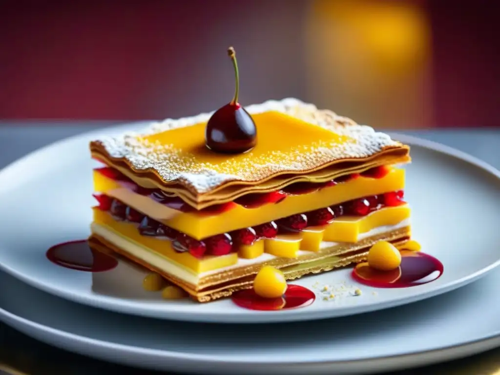 Un Millefeuille de colores vivos en recetas francesas: capas de coulis de maracuyá y puré de mango con toques de oro