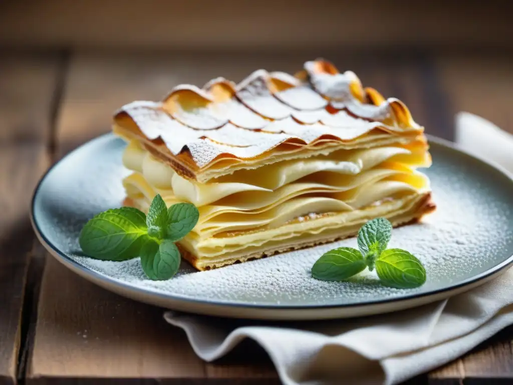 Un Millefeuille perfectamente elaborado, con capas delicadas y un toque de menta fresca