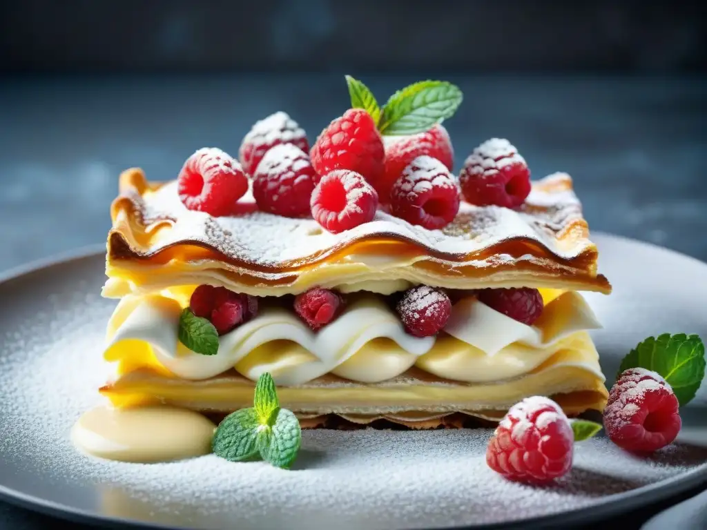 Un millefeuille francés exquisitamente detallado con crema de vainilla, frambuesas frescas y menta