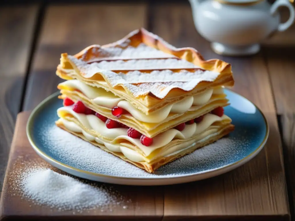 Un millefeuille francés tradicional sobre porcelana vintage, en un escenario rústico