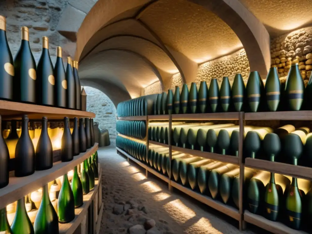 Explora la misteriosa bodega de champagne francés con variedades exclusivas, botellas antiguas y telarañas brillantes