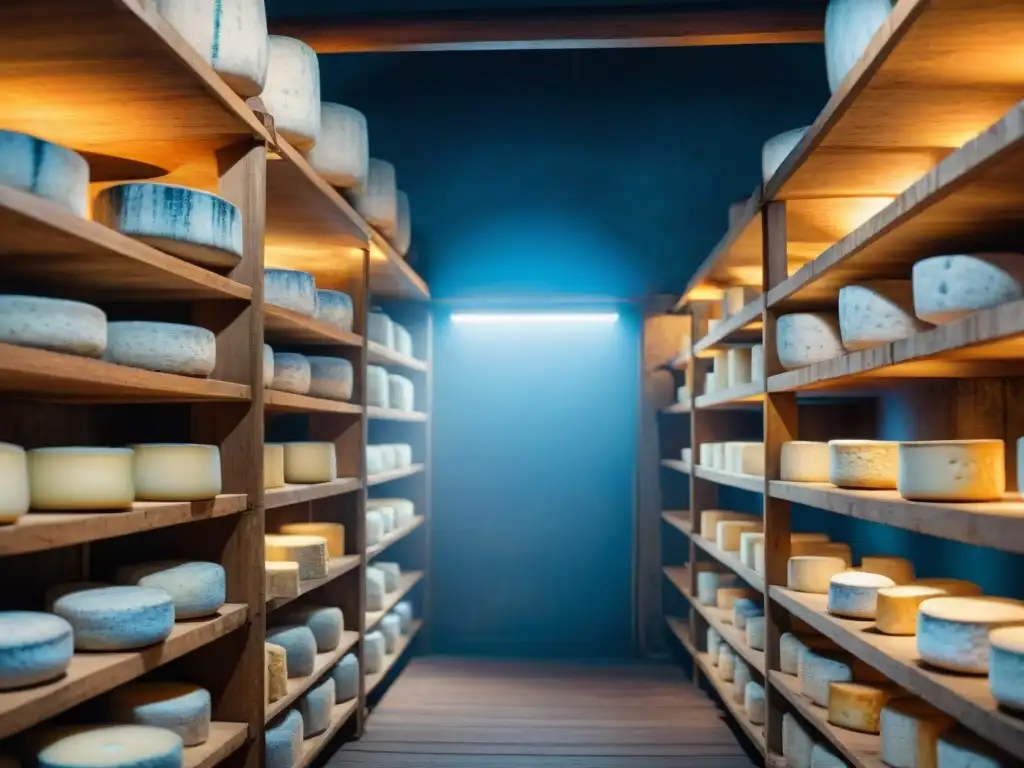 Misteriosa bodega francesa de queso azul con ruedas envejecidas y moho, resaltando la tradición y la artesanía en la elaboración queso azul Francia