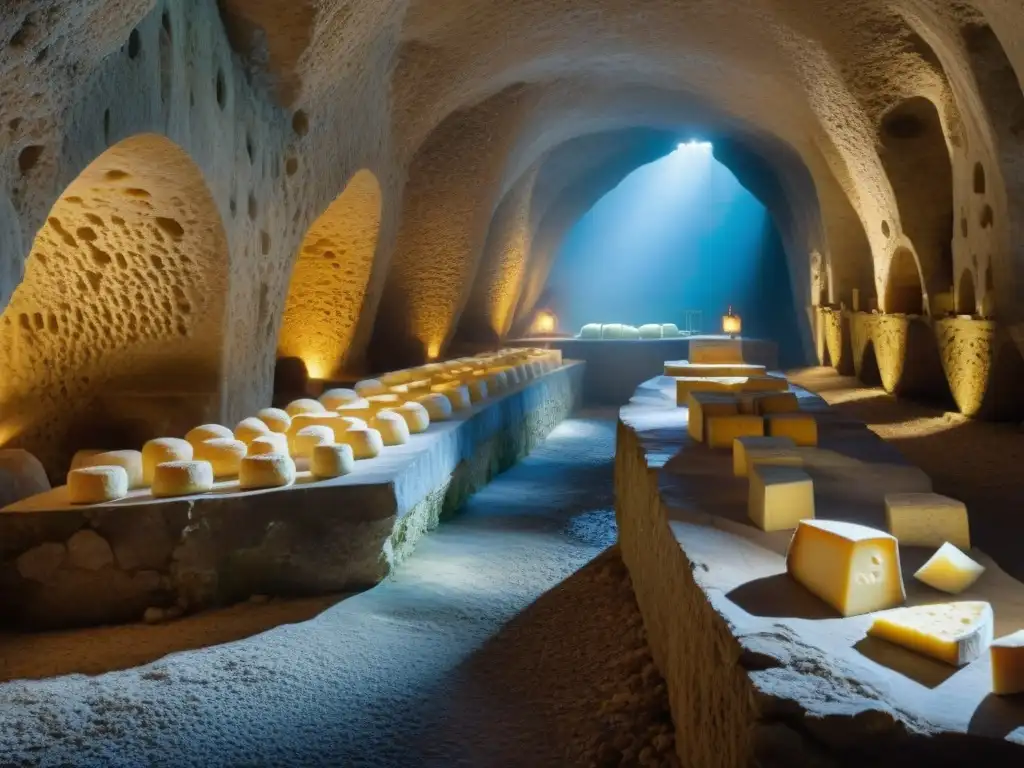 Misteriosa cueva en Francia donde madura el Queso Roquefort, con patrones de moho azul y expertos cuidando el proceso de envejecimiento