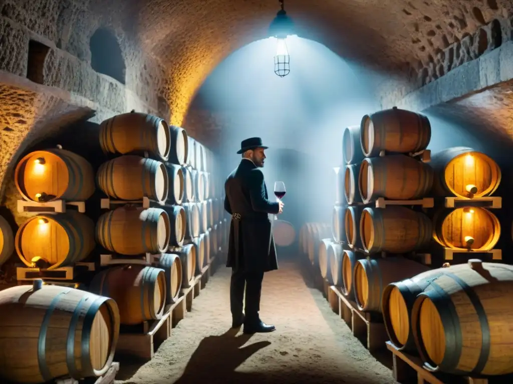 Un misterioso y detallado sótano de vinos en Francia con barriles antiguos, iluminado por una bombilla