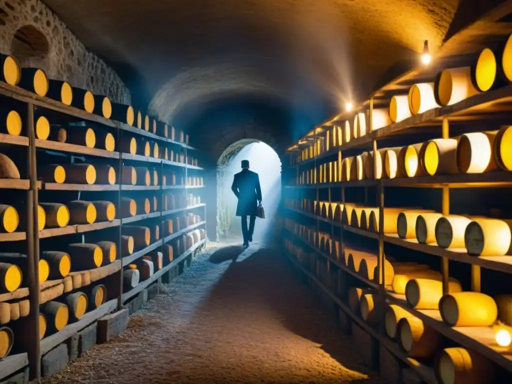 Un misterioso sótano francés repleto de botellas de vino y quesos, iluminado por una linterna titilante