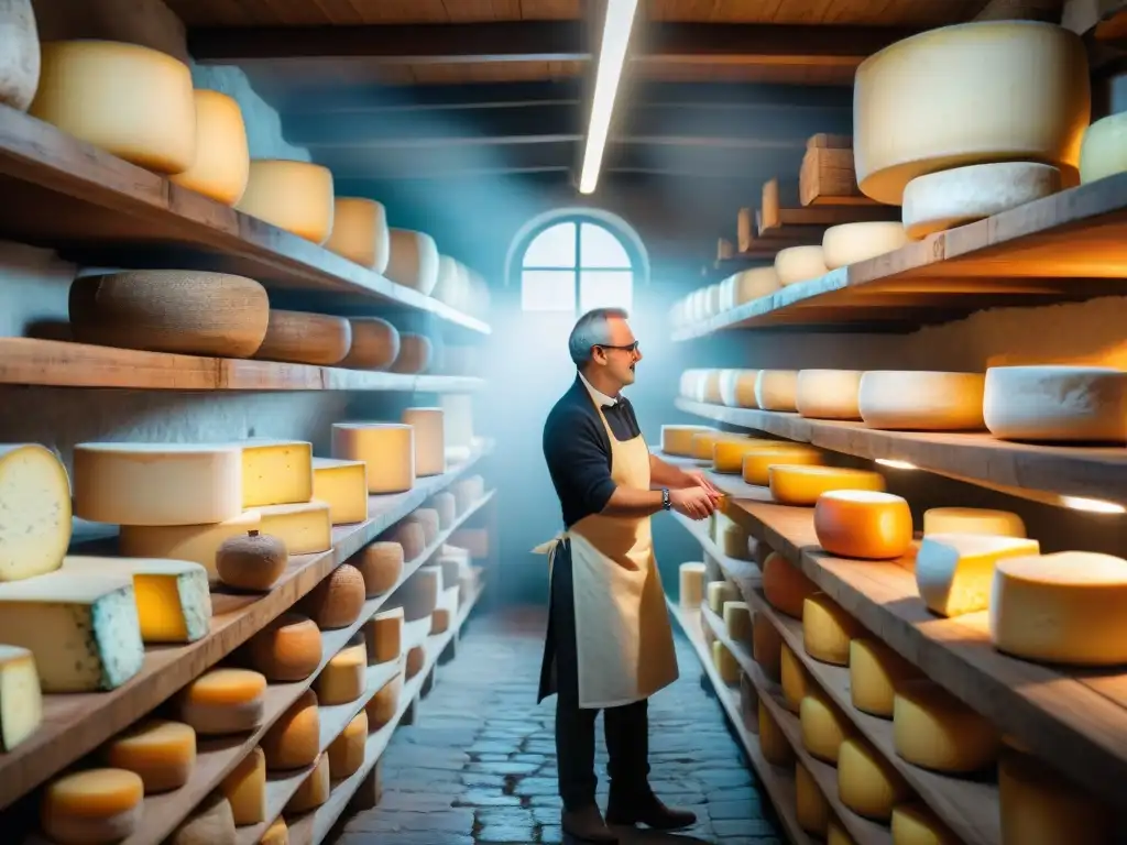 En la mística bodega de quesos franceses regionales diversidad, un quesero inspecciona un Munster