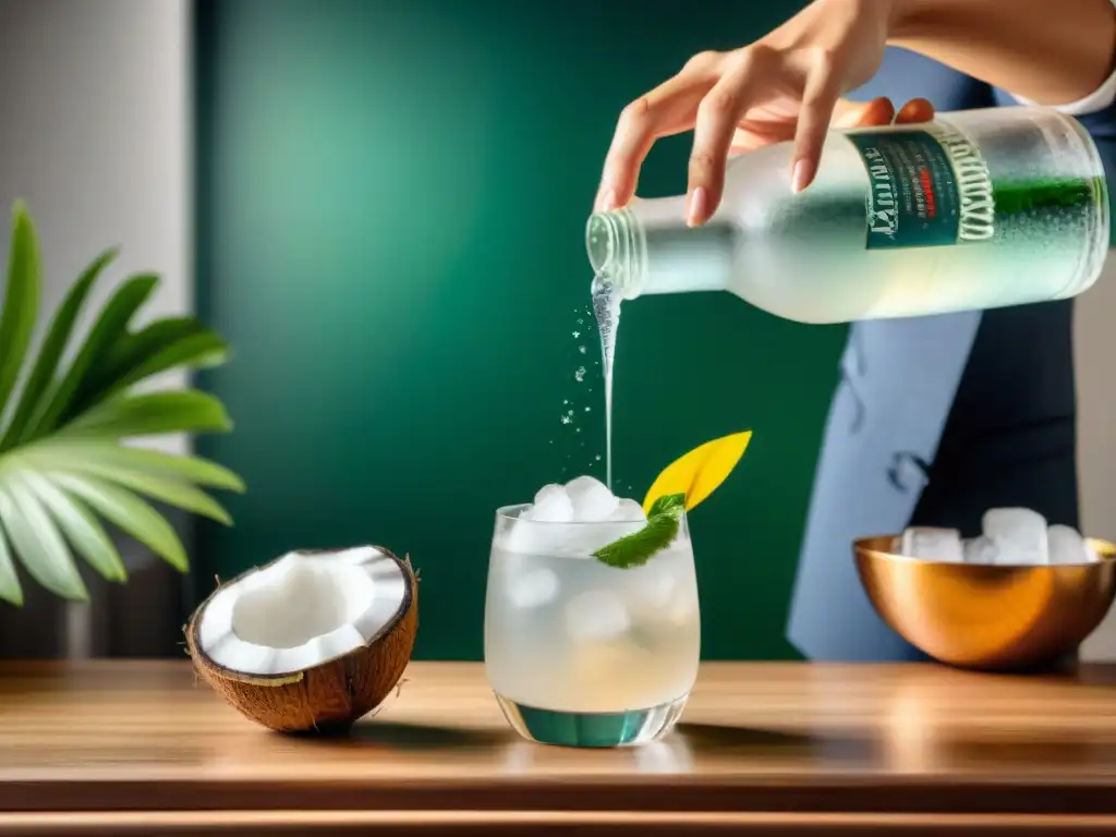 Un mixólogo experto prepara una elegante coctelería francesa con agua de coco en un ambiente lujoso y tropical