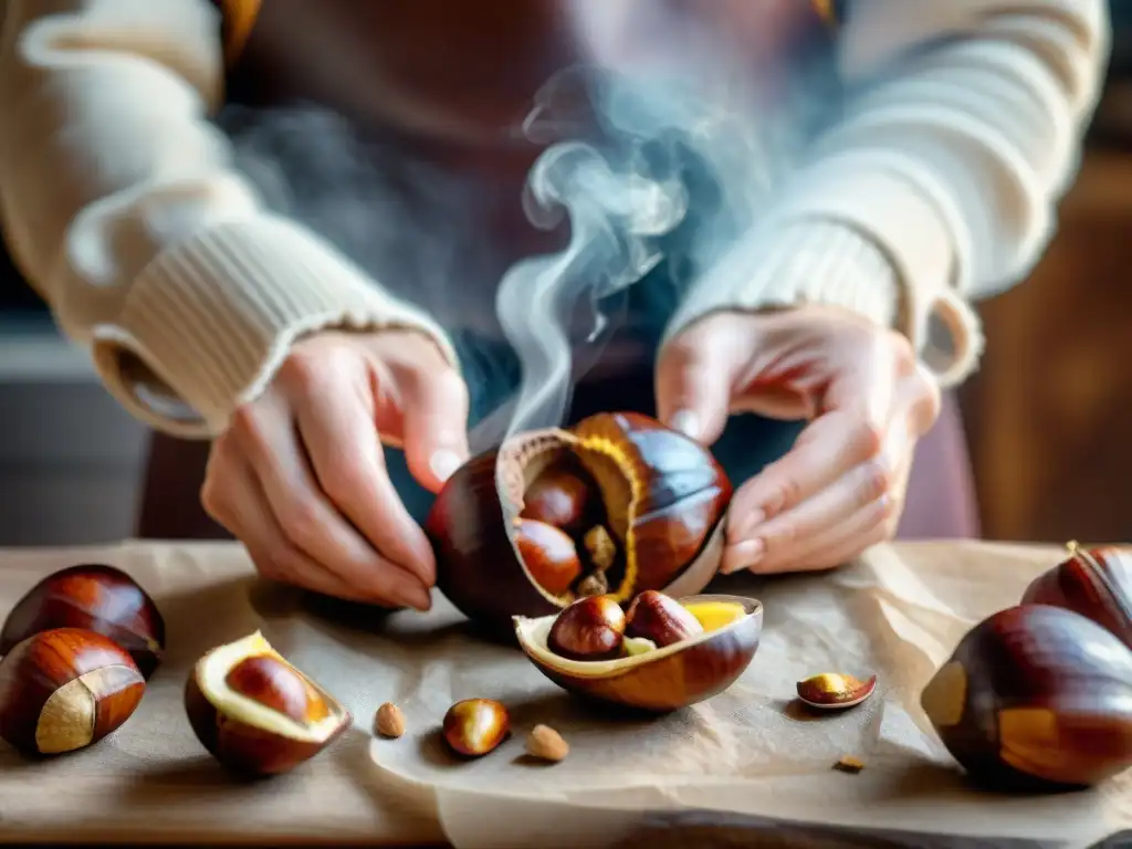 Un momento mágico en otoño: manos pelando castañas francesas recién asadas en una cocina rústica