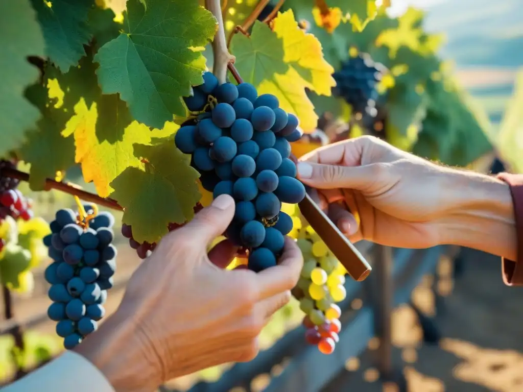 Recolección artesanal de uvas orgánicas en viñedo francés Un momento mágico en la vendimia orgánica en Francia, donde trabajadores seleccionan uvas maduras bajo el sol