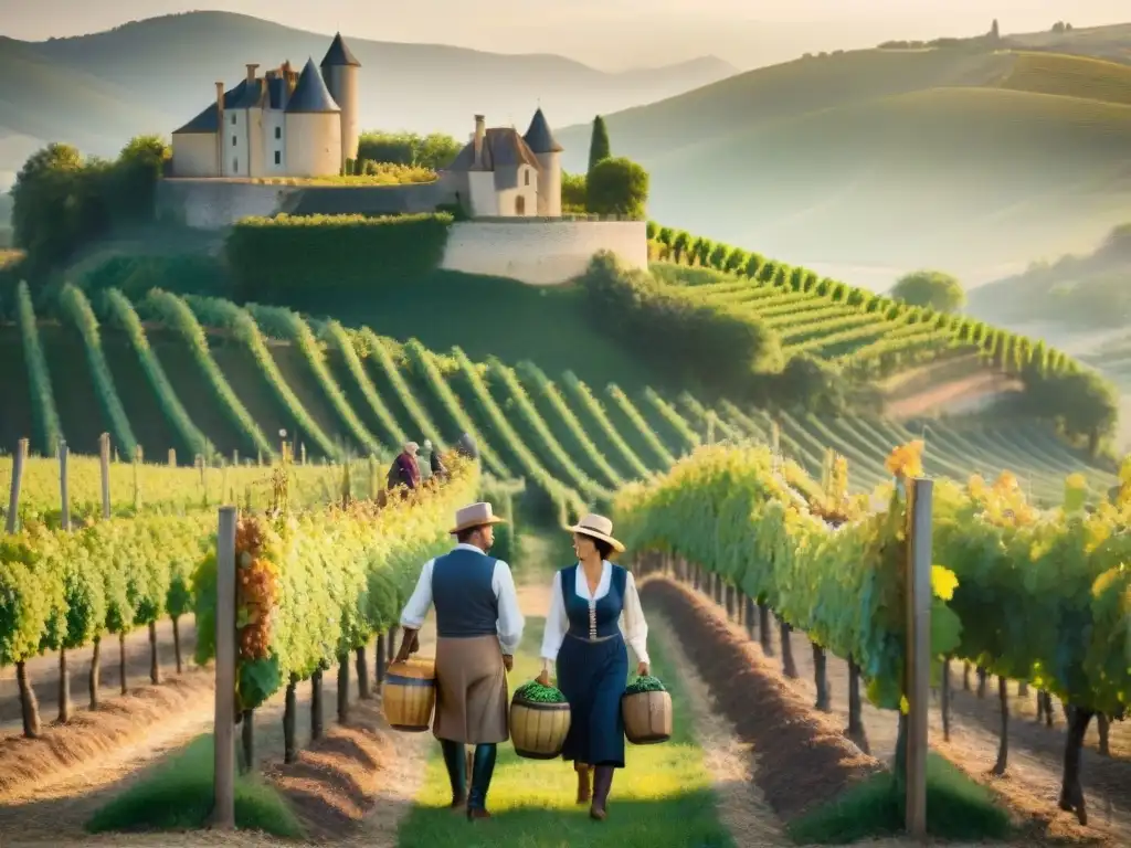 Un momento mágico en un viñedo francés: viticultores cosechando uvas al amanecer, en armonía con la tradición gastronomía francesa vinos