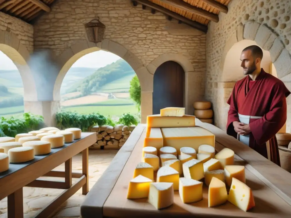Monasterio francés: escena artesanal de quesos Monasterio francés con monjes elaborando queso en un idílico paisaje campestre
