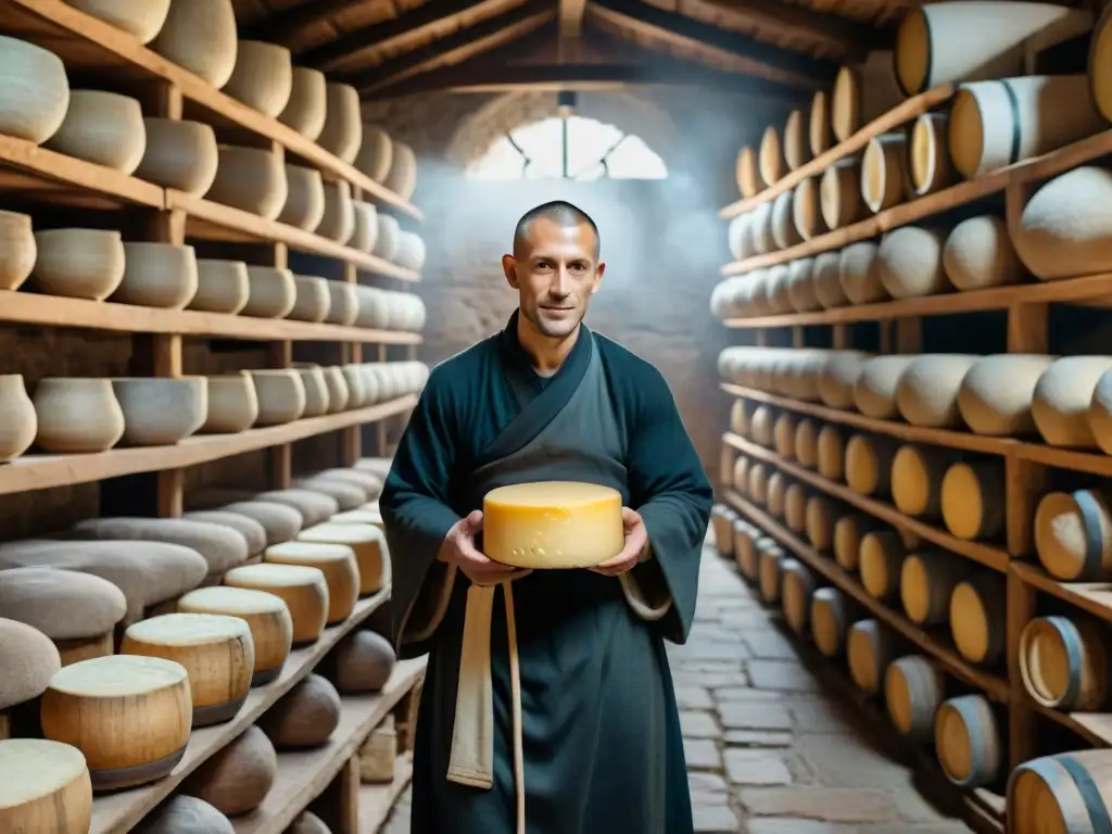 Monjes artesanos en monasterio centenario elaborando queso Monjes en monasterio centenario elaborando queso francés en bodega
