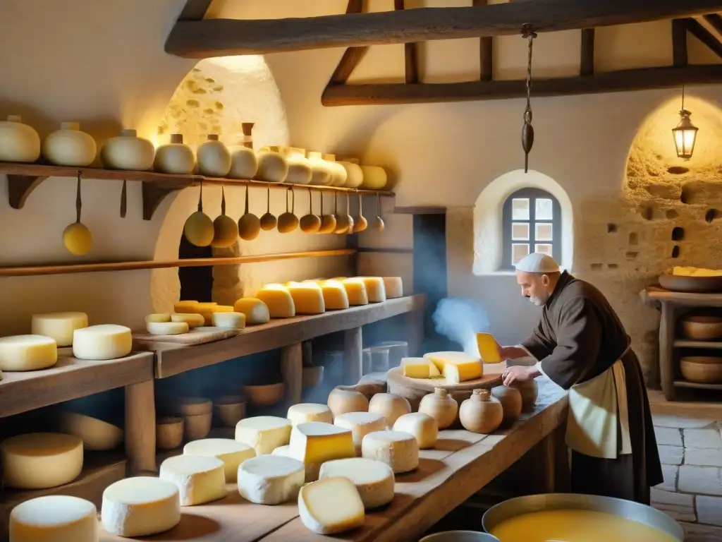 Monjes artesanos elaborando queso francés en cocina monástica medieval Monjes elaborando queso francés en monasterio medieval: escena de reverencia y dedicación artesanal