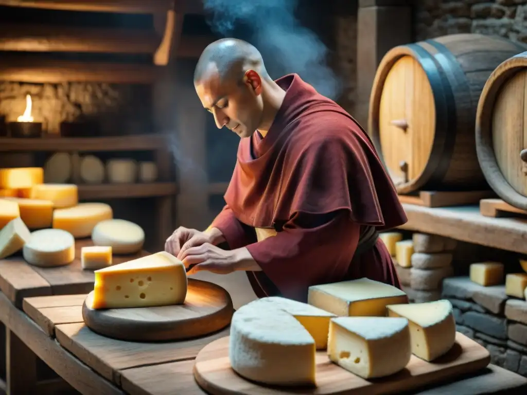 Monjes elaborando queso francés en monasterio histórico Monjes elaborando queso francés en monasterios, en una bodega iluminada por velas
