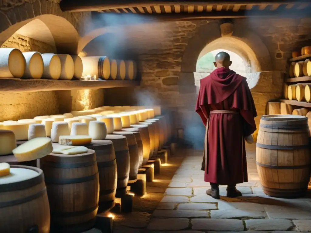 Monjes artesanos elaborando queso en monasterio centenario Monjes elaborando queso en monasterio: tradición y artesanía en la penumbra de la bodega centenaria