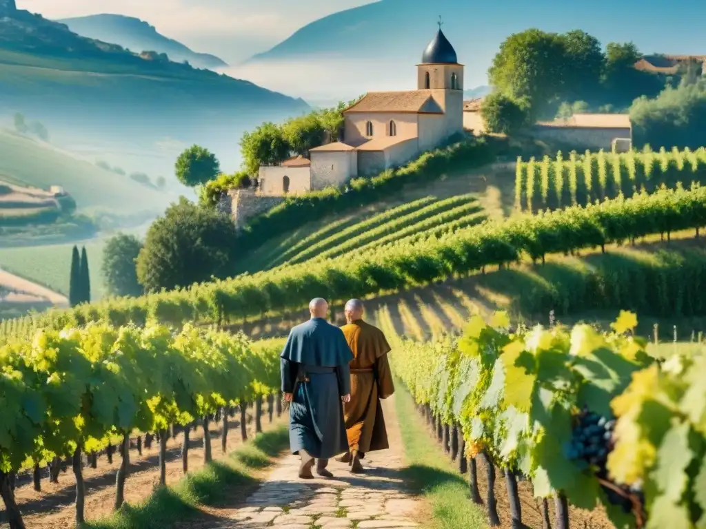 Monjes cosechando uvas en viñedos verdes bajo cielo azul en Francia, conectando historia vino francés iglesia