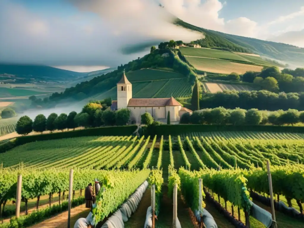 Monjes cuidando viñedos cerca de antiguo monasterio en campo francés medieval