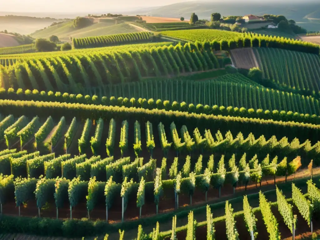 Un mosaico poético de viñedos verdes en la campiña francesa al atardecer, entretejiendo poesía francesa y vinos