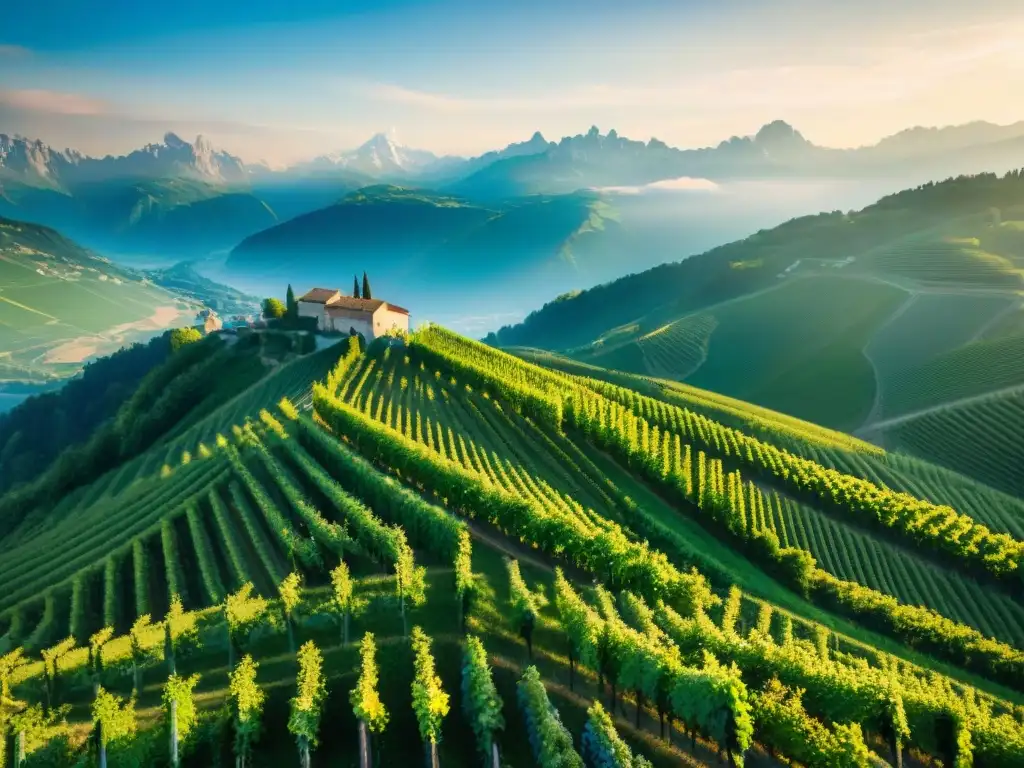 Un mosaico de viñedos verdes en Savoie, Francia, con los Alpes de fondo