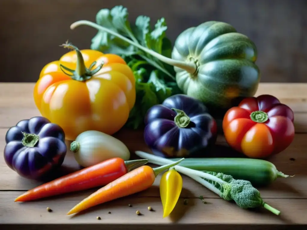 Una muestra detallada de verduras heirloom de la gastronomía francesa en una mesa rústica