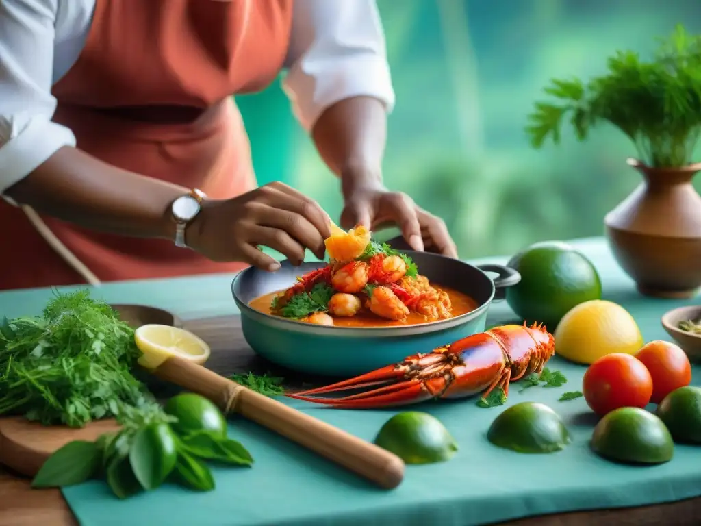 Una mujer local de Mayotte prepara 'Langouste à la Vanille' con destreza y pasión en una cocina rústica llena de colores