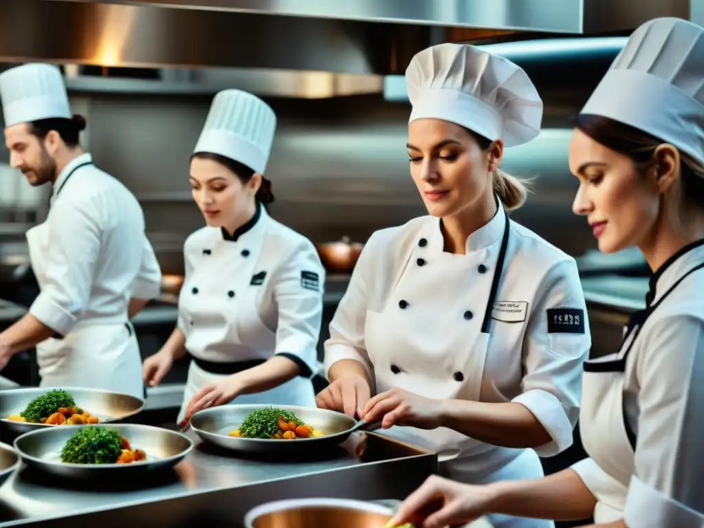 Mujeres chefs francesas empoderadas cocinando en una cocina profesional, reflejando pasión y dedicación