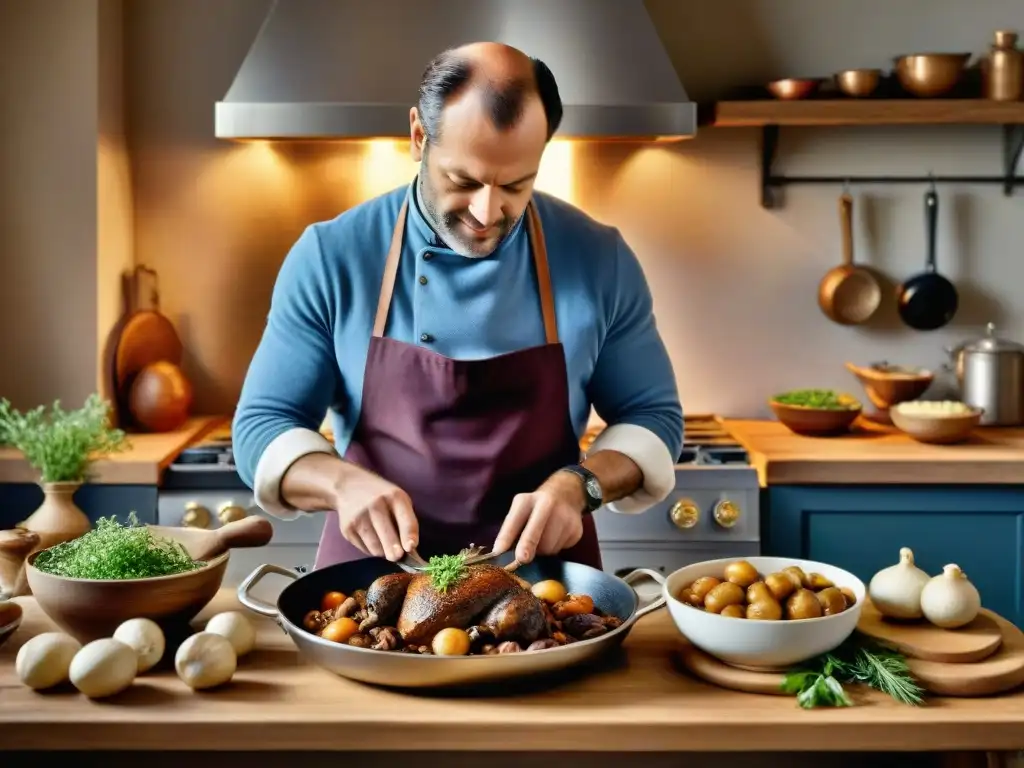 Un músico francés preparando un Coq au Vin en una cocina rústica, rodeado de ingredientes vibrantes