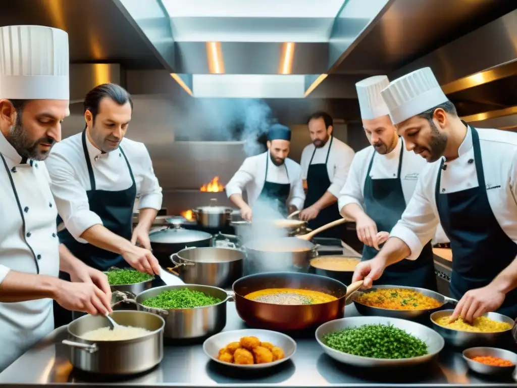 Músicos franceses chefs gastronomía: Una cocina francesa bulliciosa con chefs músicos creando platos en armonía culinaria