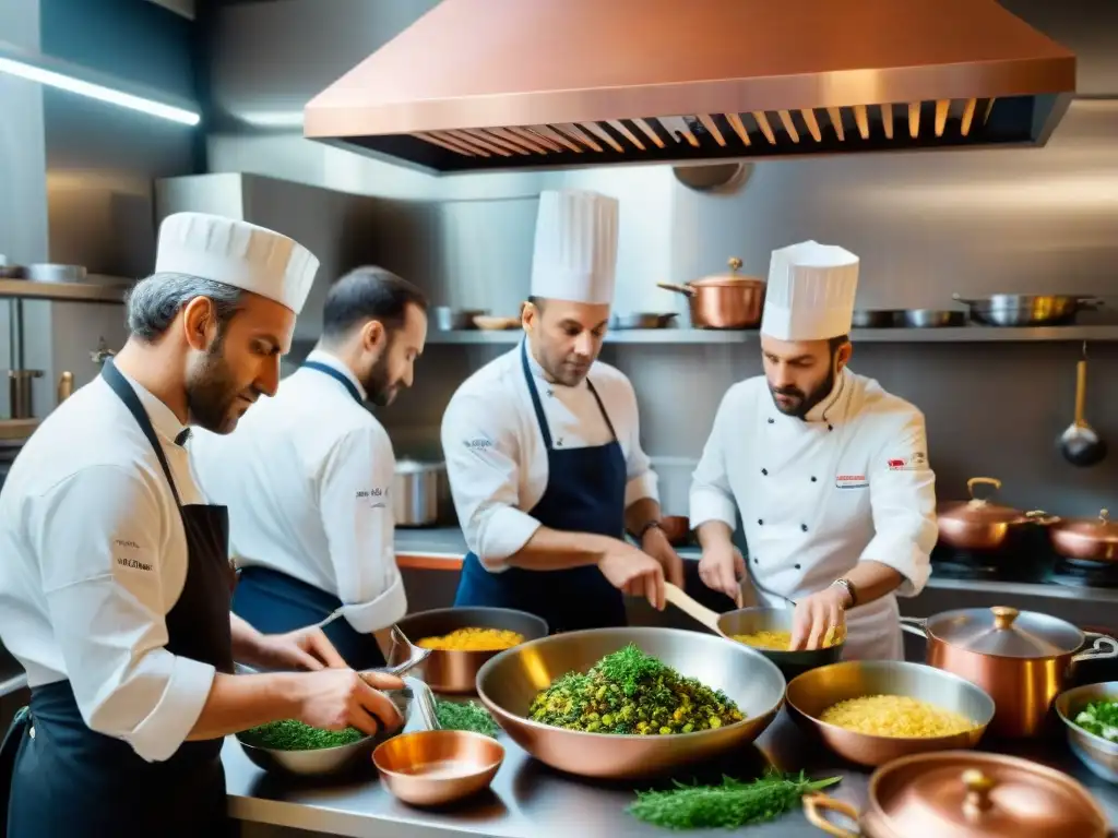 Músicos franceses chefs gastronomía preparando exquisitos platos en cocina bulliciosa