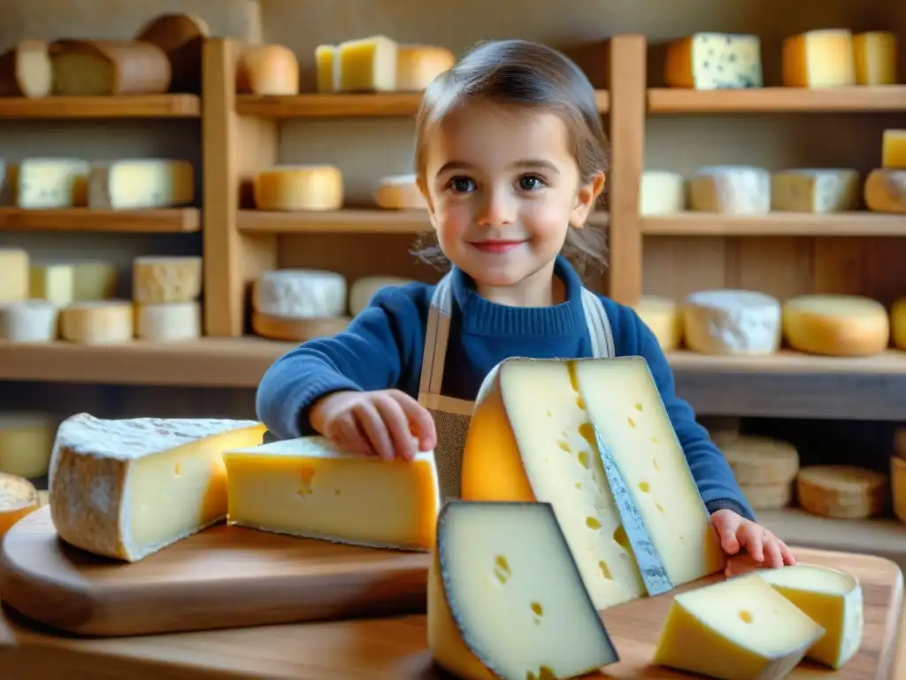 Un niño francés maravillado descubre quesos franceses en una cocina rústica, creando una atmósfera cálida y acogedora