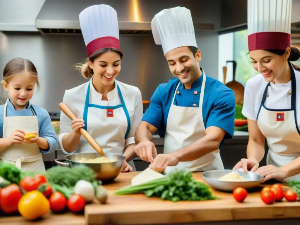 Niños aprendiendo cocina francesa con entusiasmo en un alegre y luminoso ambiente de cocina