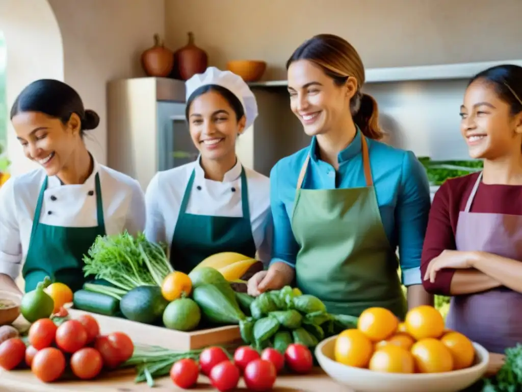 Niños de escuelas francesas en clase de cocina del movimiento Slow Food, rodeados de alimentos frescos y maestros sonrientes