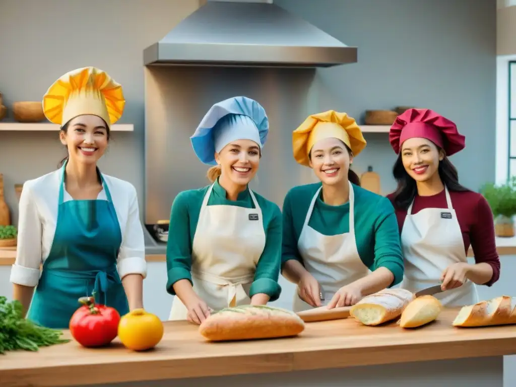 Niños felices aprendiendo a cocinar platos franceses en un curso de cocina divertido y educativo