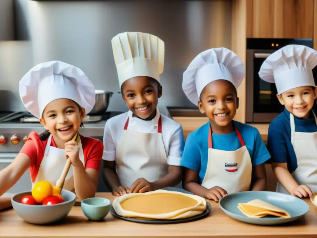 Niños felices aprendiendo a cocinar platos franceses en un divertido curso de cocina