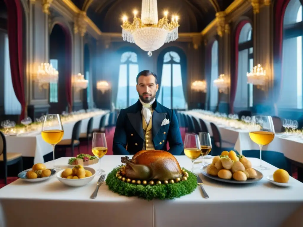 Nobles maravillados en fastuoso banquete francés de François Vatel, con exquisita gastronomía y elegancia en la decoración