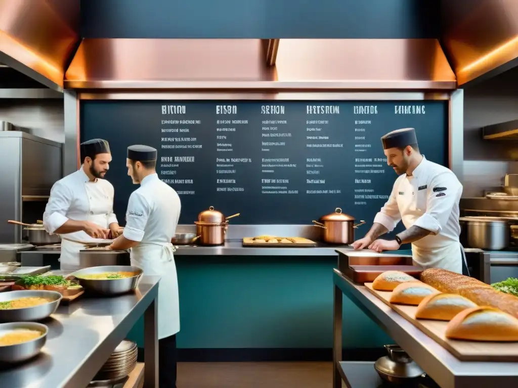 Una noche bulliciosa en la cocina de un bistró parisino, chefs creando platos que fusionan la tradición francesa con la innovación culinaria