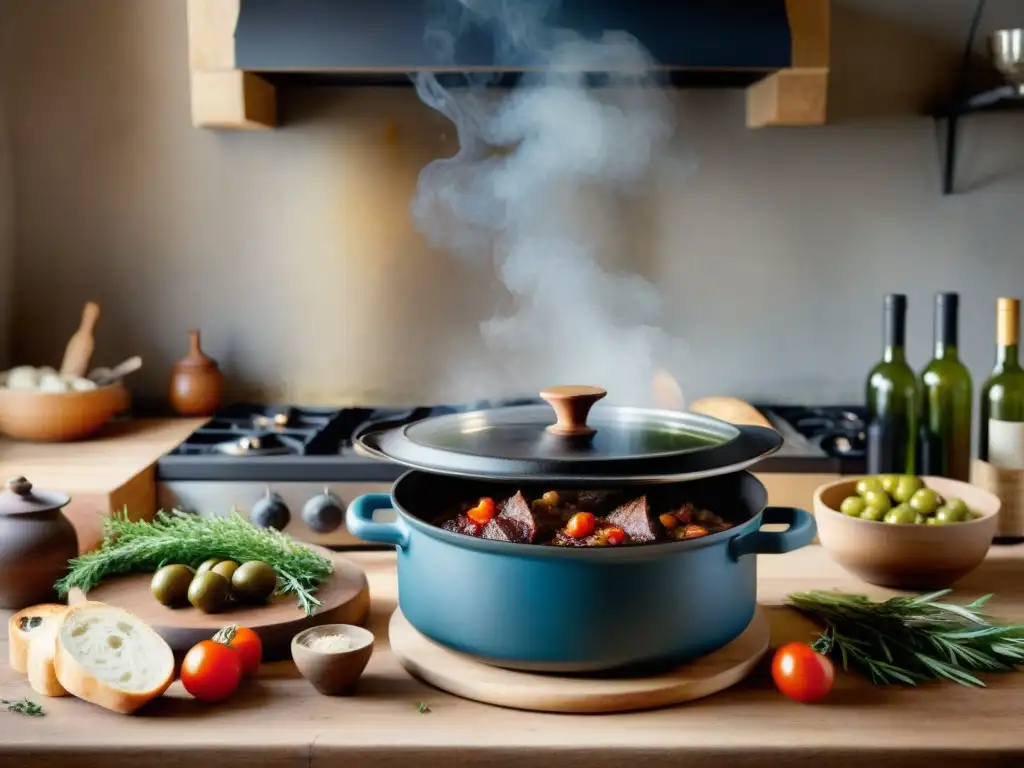 Un nostálgico retrato de la auténtica receta Daube Provençale paso a paso en una cocina campestre francesa